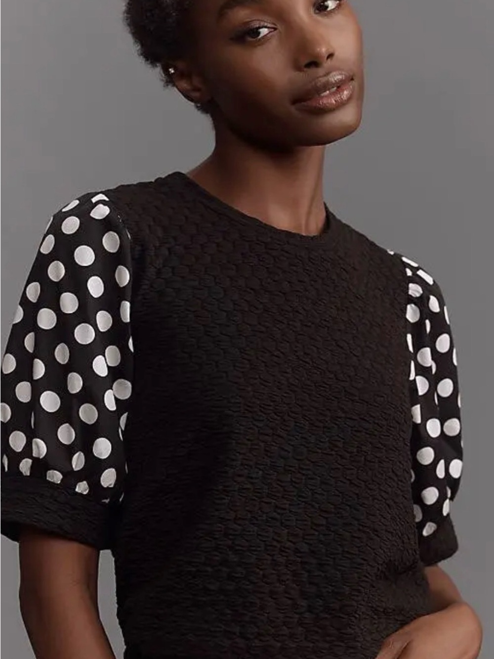NEW Anthropologie Porridge Puff-Sleeve Polka Dot Black Knit Top - Picture 1 of 12